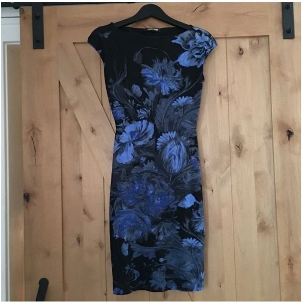 ROBERTO CAVALLI Floral Bodycon Dress Blue Black Size 40